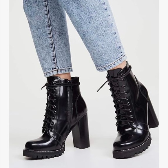 Black Lace-Up Chunky Heel Ankle Boots - Picture 2 of 3